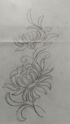 a pencil drawing of a flower with swirls and leaves on the bottom half of it