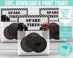 two bags of oreo cookies with the words spare tires on them and an image of cars