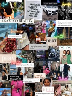 the collage shows many different images and words on it, including women in pink dresses