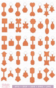 an assortment of orange and white paper cut outs with different shapes, sizes and colors