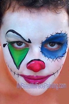 Scary, Creepy Clown face paint for Halloween party or event. White background is Starblend White powder. Colors in design are Tag. Details in DFX black and white. Creepy Clown Makeup For Kids, Clown Face Painting Ideas, Scary Clown Makeup For Kids, Clown Makeup Kids, Clown Makeup For Men, Circus Clown Makeup, Clown Face Makeup, Scary Face Paint, Easy Halloween Face Painting