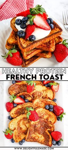 french toast with strawberries and blueberries on top is shown in two separate photos