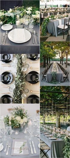 a collage of photos showing different tables and chairs with place settings, flowers, greenery, and napkins on them