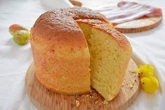 a bundt cake is cut in half on a cutting board