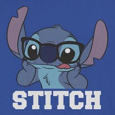 the stitch character is wearing sunglasses and holding his hand up to his face, with the word stitch in front of him