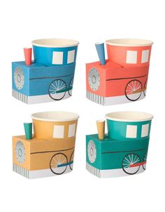 four different colored paper containers with wheels on the sides and one has a cup in it