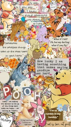 winnie the pooh collage with lots of different pictures and words on it's side