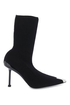 Alexander McQueen Slash knit ankle boots with silver metal detail on toe. Leather insole, lacquered heel with cut-out and silver metal exposed core, leather sole with rubber inlay. Alexander Mcqueen Boots, Black Alexander Mcqueen, Sleek Dress, Metal Detail, Pointed Toe Boots, American Design, Womens Boots Ankle, Boots For Sale, Black Ankle Boots