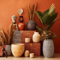 several vases and plants on a table against an orange wall