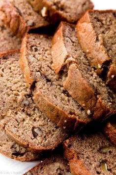 closeup of sliced banana bread on a plate