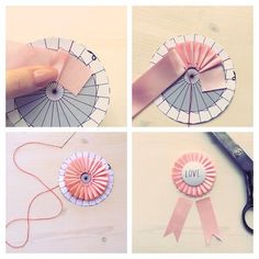 four different pictures showing how to make paper fan decorations with ribbon and scissors on the table