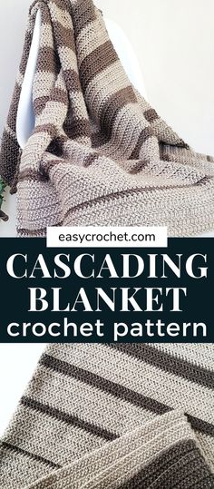 a crocheted blanket is shown with text overlay reading cascading blanket crochet pattern