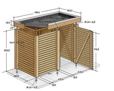 an outdoor saunat with measurements for the top and side sections, including the door open