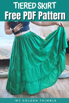 a woman in a green skirt with text overlay that reads tiered skirt free pattern