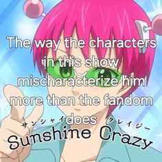 an anime character with pink hair and green eyes giving the middle finger sign in front of him