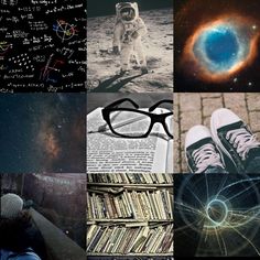 a collage of photos with books, glasses and an astronaut's eyeball