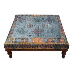 Handmade Rug Printed Fabric Upholstered Coffee Table | Chairish Padded Table, Upholstered Coffee Table, Upholstered Coffee Tables, Kilim Ottoman, Soft Floor, Handmade Ottomans, Ottoman Coffee, Soft Flooring, Toilet Paper Roll Crafts