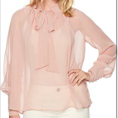 Look Chic And Effortless In This Misty Rose Colored Shirt Crafted From A Sheer Fabric, The Bow Tie Shirt Features A High Neck With Tie Up Bow And Gathered Seam, Plunging Front Cut Out, Long Sleeves With Fused Button Up Cuffs And Relaxed Silhouette Elevate The Look With A Tailored Pant And Strappy Heel 98% Polyester, 2% Elastane Imported Dry Clean Only Color: Dusty Rose Final Sale Price Currently On Amazon For $55 Elegant Pink Tops For Brunch, Elegant Pink Tie Neck Top, Pink Tie Neck Top For Party, Feminine Pink Tie Neck Top, Pink Feminine Tie Neck Top, Pink Fitted Tie Neck Top, Neck Bow Tie, Bow Tie Shirt, Pleated Tops