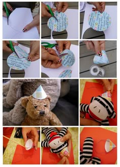 there are many pictures that show how to make stuffed animals out of paper and yarn