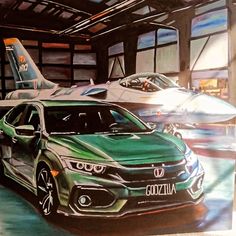 an acrylic painting of a green car in front of a jet fighter plane