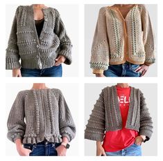 four different pictures of women's sweaters and jackets