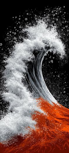 an orange and white wave is in the air with water splashing around it on a black background