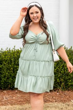 Chic Soul plus size clothing, pistachio green square neck 3/4 length bubble sleeve babydoll dress Green Tiered Dress For Brunch, Green Tiered Vacation Dress, Green Tiered Dress For Vacation, Green Tiered Ruffle Dress For Spring, Green Tiered Dress With Ruffle Hem For Vacation, Summer Short Sleeve Sage Dress, Short Sleeve Sage Summer Dresses, Sage Short Sleeve Summer Dress, Summer Green Tiered Dress For Brunch