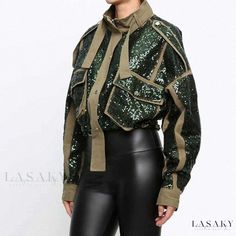 Lasaky - Green Stand Collar Drawstring Oversized Cropped Jacket with Shiny Sequin Straps Brown Party Outerwear For Spring, Casual Cropped Jacket For Spring Party, Casual Spring Cropped Jacket For Party, Trendy Khaki Cropped Jacket For Fall, Casual Long Sleeve Cropped Jacket For Party, Feminine And Masculine, Military Inspired Jacket, Shiny Jacket, Masculine Style