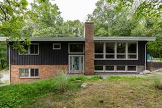 a black and brown house surrounded by trees