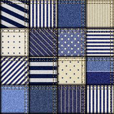 blue and white patchwork fabric with polka dots, stripes, and lines on it