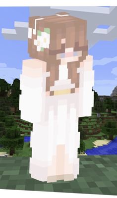 an animated image of a woman in a white dress standing with her arms around her head