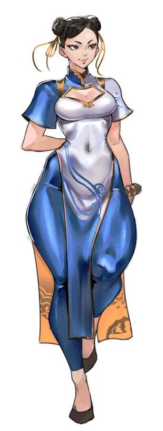 a drawing of a woman in blue and white dress with her hands on her hips