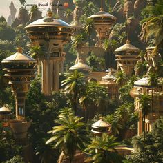 the futuristic city is surrounded by palm trees and tall buildings with golden domes on them