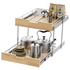 two trays with pots and pans on top of each other in the kitchen