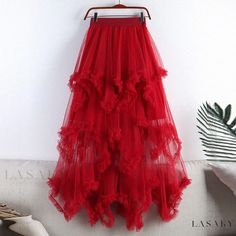 Lasaky - High-Waisted Irregular Mesh Cake Skirt with Full Swing Tulle Fairy Skirt Long Dress Festival Mode, Asymmetrical Midi Skirt, Irregular Skirt, Cake Skirt, Fairy Skirt, Calf Length Skirts, Tulle Midi Skirt, Empire Dress, Skirt Midi