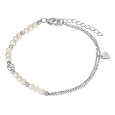 "Dainty bracelet that you'll love. The white off round pearls and hammered Sterling Silver beads, the double chain and sliding heart charm with options of rose gold plating, yellow gold plating or white Sterling Silver, will make this bracelet one of your favorites. 7\" long plus 1\" extender, so, dainty and romantic but never \"too small\"." Elegant Adjustable Hypoallergenic Heart Bracelet, Elegant Hypoallergenic Adjustable Heart Bracelet, Adjustable White Gold Bracelets With Pearl Charm, Elegant White Pearl Heart Bracelet, Elegant Pearl Charm Heart Bracelet For Wedding, Dainty Bracelet, Freshwater Pearl Bracelet, Hammered Sterling Silver, Double Chain