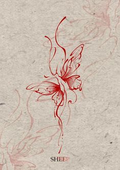 a drawing of a flower with the word sheep on it's side and an image of a butterfly in red ink