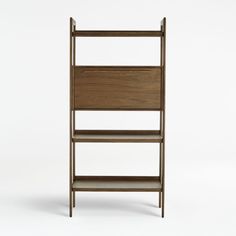 a wooden shelf with three shelves on each side and one shelf below it, against a white background