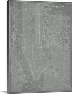 an old map of new york, with the streets and roads marked in white ink