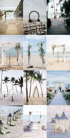 a collage of pictures with chairs and flowers on the beach