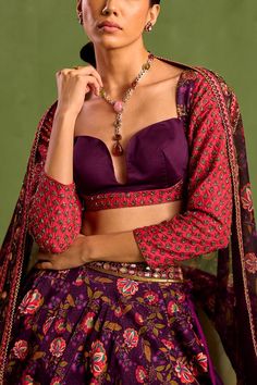 Purple attached cancan lehenga with all over floral prints and hand embroidered waistband. Paired with a padded blouse with all over motif embroidery and dupatta with floral prints. - Aza Fashions Designer Purple Lehenga With Motifs, Purple Sets With Motifs For Diwali, Purple Motif Sets For Diwali, Purple Diwali Sets With Motifs, Fitted Purple Sets With Motifs, Purple Fitted Sets With Motifs, Purple Sharara With Motifs For Wedding, Festive Purple Sharara With Motifs, Purple Wedding Sharara With Motifs