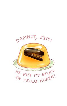 a piece of cake sitting on top of a plate with the words damnt, jimmy he put my stuff in jello again