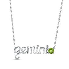 This stellar necklace features "Gemini" spelled out in swirling sterling silver letters. A peridot punctuates the word art, adding eye-catching color. The pendant suspends from an 18-inch cable chain that secures with a lobster clasp. Gemini Necklace, Yes Queen, Zodiac Gemini, Gemini Zodiac, Gold Letters, Accessories Jewelry Necklace, Eye Catching Colors, Necklace Sterling Silver, Spring Rings