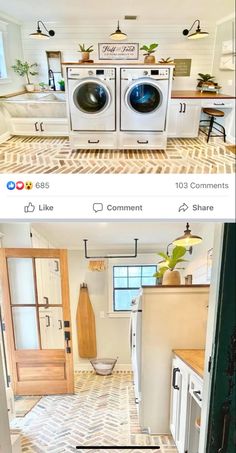 two pictures show the same kitchen and laundry room as well as what they are doing