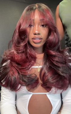 ₊˚ෆ Follow me for more 𐙚 visit my boards ₊˚ෆ Curtain Bangs Colored Hair, Black Women Winter Hairstyles, Dyed Hair On Black Women, Sew In Hairstyles With Color, Red Hairstyles For Black Women, Aesthetic Wigs, Curly Hair With Bangs Hairstyles, Red Hair Bangs, Red Purple Hair