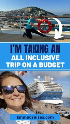 a woman wearing sunglasses and smiling with the caption i'm taking an all inclusive trip on a budget