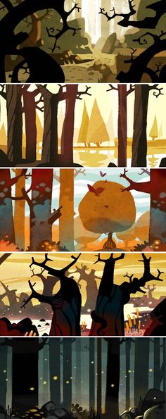 four different images of trees and animals in the woods, each with their own silhouettes