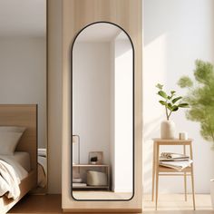 a bedroom with a large mirror on the wall next to a small table and bed