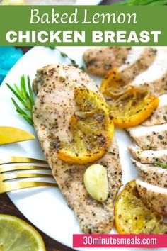 baked lemon chicken breast on a white plate