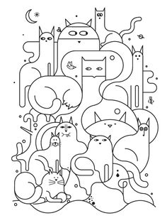 a black and white drawing of cats in the middle of a line art style design